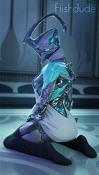 1girls 3d black_socks blender blue_body female female_only fiishdude glowing indoors mechanical nyx_(warframe) on_knees robot robot_humanoid sitting socks solo solo_female thighhighs virgin_killer_sweater warframe