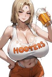 ai_generated alcohol beer blonde_hair braided_hair brown_eyes flyingpancake gigantic_breasts hooters hooters_uniform huge_breasts light-skinned_female light_skin looking_at_viewer massive_breasts mature_female milf naruto_(series) naruto_shippuden oiled_body oiled_skin shounen_jump smiling solo_female squatting sweat sweatdrop tank_top thick_body thick_female tsunade voluptuous voluptuous_female