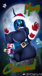 absurd_res anthro areola ass big_breasts black_areola black_nipples breasts christmas christmas_clothing christmas_headwear christmas_tree clothing cryowolf9 female friendship_is_magic gift hasbro hat headgear headwear hi_res holidays huge_breasts moon my_little_pony nipples nude plant queen_chrysalis_(mlp) santa_hat solo stuck tree