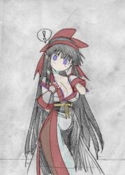 ! 1girls ainu_clothes arm_up big_breasts black_hair breasts busty cleavage female female_only fingerless_gloves gloves hair_ribbon hand_on_own_face highres king_of_fighters large_breasts legs long_hair looking_at_viewer nakoruru pantyhose pulled_by_self purple_eyes ribbon samurai_shodown sketch snk solo sweat teasing thighs top_pull traditional_media very_long_hair voluptuous