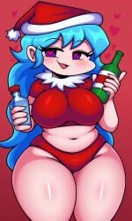 ai_generated big_breasts blue_hair blush christmas christmas_outfit chubby clothed crop_top curvy female female friday_night_funkin friday_night_funkin_mod heart-shaped_pupils hearts_around_head holding_bottle holding_drink holding_object long_hair panties pixai purple_eyes red_background red_crop_top red_panties santa_hat sky_(friday_night_funkin) skyblue skyblue_(friday_night_funkin) smirk smug thick_thighs