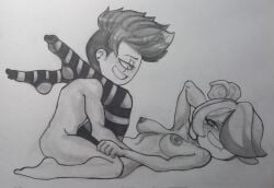 1boy 1boy1girl 1girls alter_belt breasts fhs flirting fnafhs fnafhsrule34 meg_(fnafhs) nipples oc oc_x_canon ponytail request sex short_hair sketch small_breasts smile smiling smiling_at_partner socks striped_socks traditional_art traditional_drawing_(artwork) traditional_media traditional_media_(artwork) white_hair