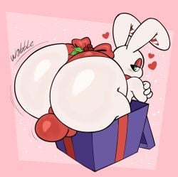 absurd_res anthro ass balls balls_outline bent_over big_butt box bulge christmas clothing container detailed_bulge english_text genital_outline genitals gift_box green_eyes half-closed_eyes heart_symbol hi_res holidays huge_butt lagomorph leporid looking_back male mammal mel_doce_(virito) narrowed_eyes onomatopoeia rabbit solo sound_effects text thong underwear virito white_body