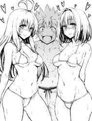 1boy 1girls 2girls big_breasts bikini breasts female fuchi_(touo) kirisaki_kyouko looking_at_viewer micro_bikini run_elsie_jewelria saruyama_kenichi string_bikini swim_trunks tagme to_love-ru