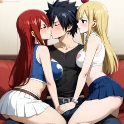 1boy 2girls ai_generated blonde_hair erza_scarlet fairy_tail female gray_fullbuster lucy_heartfilia male red_hair threesome