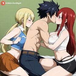 1boy 2girls ai_generated blonde_hair erza_scarlet fairy_tail female gray_fullbuster lucy_heartfilia male red_hair threesome