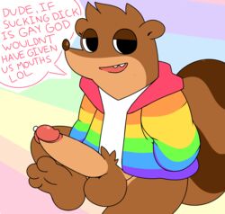 absurd_res balls bodily_fluids bottomless cartoon_network clothed clothing dialogue erection genital_fluids genitals hi_res hoodie male male_only mammal multicolored_clothing penis precum procyonid raccoon rainbow_clothing regular_show rigby_(regular_show) sagemerric solo topwear