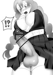 1futa balls big_balls big_breasts big_penis black_and_white blush breasts censor_bar demon_slayer futanari greyscale kanroji_mitsuri kimetsu_no_yaiba large_penis monochrome nnnashr penis penis_under_clothes penis_under_skirt solo_futa thighhighs tri_braids