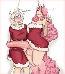 animal_genitalia_on_humanoid balls breasts christmas devianthorde erection female futanari horsecock horsecock_on_humanoid penis staring_at_penis tagme