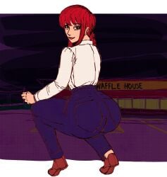 background bangs big_ass braids cheesecakevalentine eyelashes giant_ass huge_ass looking_at_viewer makima_(chainsaw_man) masochistmaverick night posing red_hair smile squatting tight_pants wafflehouse