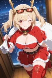 1girls ai_generated big_breasts blonde_hair breasts burnice_white christmas eyewear_on_head female female_only light-skinned_female light_skin red_eyes santa_costume skirt sunglasses thighhighs twintails wink zenless_zone_zero