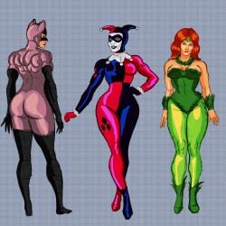 3girls big_ass big_breasts catwoman clown_girl dc_comics ginger harley_quinn harley_quinn_(classic) masochistmaverick muscular_female orange_hair poison_ivy pose selina_kyle smirk thick_thighs thighhighs thin_waist