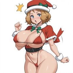 ai_generated areola_slip big_butt blonde_hair christmas christmas_outfit huge_breasts pokemon pokemon_xy serena_(pokemon) sexy short_hair skimpy_bikini skimpy_clothes solo_female wide_hips xmas