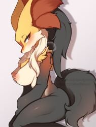 anthro areola biped black_body black_fur black_tail breasts delphox eyelashes female fur generation_9_pokemon hi_res mega_delphox mega_evolution multicolored_body multicolored_fur nintendo nipples open_mouth orange_body orange_eyes orange_fur pokemon pokemon_(species) pupils seviyummy side_view simple_background solo tail white_body white_fur yellow_body yellow_fur