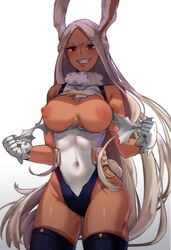 1girls animal_ears bangs blush breasts bunny_ears bunny_tail dark-skinned_female dark_skin female female_only female_superhero gloves grin highleg highleg_leotard kemonomimi long_hair looking_at_viewer miruko my_hero_academia nipples parted_bangs presenting_breasts red_eyes rumi_usagiyama sleeveless smile solo superheroine tail thighhighs torn_clothes torn_leotard trickytrain21 very_long_hair white_hair