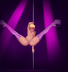 1boy alex_romanelli big_areola blonde_hair buttplug chastity_cage dark-skinned_femboy femboy femboy_with_breasts flat_chastity_cage gelatomusume hormone_breasts medium_ass medium_breasts medium_nipples pole pole_dancing tagme