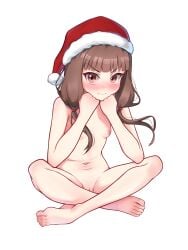 absurdres blunt_bangs blush breasts brown_eyes brown_hair closed_mouth female grey_background hat highres iino_miko kaguya-sama_wa_kokurasetai_~tensai-tachi_no_renai_zunousen~ long_hair looking_at_viewer low_twintails moriforests navel nipples pussy red_hat santa_hat simple_background sitting small_breasts solo twintails