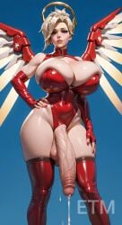 ai_generated big_breasts blonde_hair breasts etm_ai futa_only futanari gigantic_breasts huge_breasts latex mercy mercy_(overwatch) overwatch overwatch_2 red_latex swiss tits_bigger_than_head