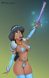 aladdin artist_name bikini bikini_armor dark-skinned_female dark_skin disney disney_princess female female_armor female_focus lipstick long_fingernails looking_up necklace nipple_bulge nipples nipples_visible_through_clothing painted_nails phat_smash princess_jasmine shoulder_armor skull sword thighhighs tiara very_long_hair warrior