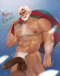 1boy abs arm_hair bara blue_eyes chest_hair cookie_run cowboy_shot eggnog_cookie erection facial_hair girthy_penis hairy highres huge_cock humanization large_pectorals looking_at_viewer male_focus mature_male merry_christmas moustache muscular muscular_male navel navel_hair nipples pectorals penis poysan santa_costume short_hair smile solo standing stomach strongman_waist thick_eyebrows thick_thighs thighs uncensored white_hair