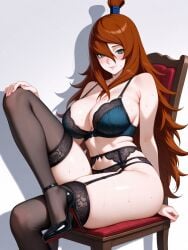 1girls ai_generated arm_support bare_shoulders big_breasts blush bra bra_strap breasts brown_hair busty chair cleavage collarbone feet_out_of_frame female female_only garter_belt garter_straps green_eyes legwear lingerie lipstick looking_at_viewer mei_terumi midriff milf naruto naruto_(series) naruto_shippuden on_bed panties seductive seductive_look seductive_smile sitting sitting_on_chair smile solo solo_focus stockings strap_slip teasing terumi_mei tied_hair topknot underwear very_long_hair voluptuous waifurewards