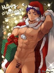 1boy ? abs armpits arms_up bag balls bell between_breasts big_areola big_breasts cape cape_only censor_bar censored censored_penis christmas christmas_clothing christmas_hat christmas_headwear christmas_outfit christmas_present circumcised completely_nude ebitendon flaccid frown gift gift_bag gift_box half-closed_eyes happy_holidays hat_only hi_res holding_object looking_at_viewer male male_breasts male_only manly mature_male merry_christmas mistletoe muscles muscular muscular_arms muscular_legs muscular_male muscular_thighs navel object_between_breasts oppai original_character pecs penis pom_poms pubic_hair purple_eyes purple_hair red_clothing sack santa_costume santa_hat short_hair six_pack solo sparkles standing steam steamy_breath sweat sweatdrop tan_body tanline testicles thick_arms torakichi_(ebitendon) torakitchen v-shaped_eyebrows wristband