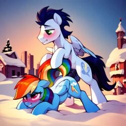 ai_generated ambiguous_penetration balls blush crotchboobs doggy_style equine face_down_ass_up horsecock my_little_pony nipples outdoor_sex outdoors pony rainbow_dash_(mlp) smile snow soarin_(mlp)