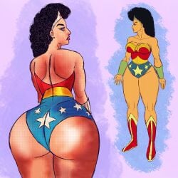 2girls big_ass big_breasts bikini blue_eyes boots cheesecakevalentine curly_hair dc_comics earrings headwear masochistmaverick muscular profile sideboob thick_thighs thin_waist wonder_woman_(series)