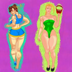 2girls abs big_ass big_breasts blonde_hair capcom chun-li cleavage gigantic_ass holding_object looking_at_viewer masochistmaverick muscular_female one-piece_swimsuit shorts sideboob smile swimwear teasing thick_thighs wide_hips