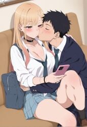 1boy 1girls ai_generated black_hair blonde_hair blush bored bored_expression boyfriend-girlfriend breasts choker cleavage closed_eyes ear_piercing earrings eyelashes gojou_wakana hug hugging implied_cheating kissing kissing_cheek kitagawa_marin large_breasts phone school_uniform schoolgirl skirt sono_bisque_doll_wa_koi_wo_suru texting thighs