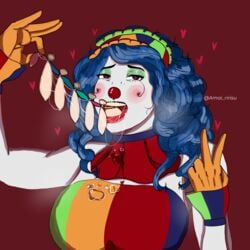 ahe_gao amai_ririsu blue_hair breasts clown clown_girl condom_in_mouth condom_in_throat condom_stuck_in_throat cum curly_hair deepthroat gloves heart magic motoanexo pale-skinned_female pixi_payasita red_nose saliva solo_female throat_training