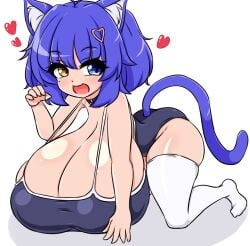 big_breasts blue_hair breasts breasts_bigger_than_body breasts_bigger_than_head brown_hair bursting_breasts claw_pose cleavage dot_nose female gigantic_breasts heavy_breasts highres huge_breasts hyper hyper_breasts immobilizing_anatomy large_breasts light_skin long_hair moyashi_udon open_mouth original original_character png shortstack small_but_busty swimsuit thighhighs tight_clothing