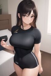 ai_generated bedroom black_clothing black_panties brown_hair fit_female grey_eyes large_breasts messy_hair original panties serious tight_clothing wide_hips