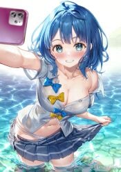 ahoge bare_arms belly_button big_breasts blue_eyes blue_hair blush breasts cleavage collarbone fujima_takuya make_heroine_ga_oo_sugiru! medium_hair no_bra outdoors panties parted_lips school_uniform shiny_skin short_sleeves side-tie_panties skirt skirt_pull smile thighs wading water wet_body wet_clothes white_panties yanami_anna