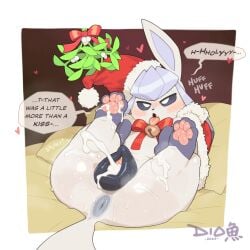 1girls animal_genitalia balls blush christmas cum cum_in_pussy cum_inside dio_fishy eeveelution english_text female female_focus feral glaceon mistletoe paws pokémon_(species) pokemon pokemon_(species) presenting presenting_hindquarters santa_hat text tongue_out video_games