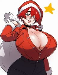 blue_eyes christmas christmas_headwear cleavage glasses huge_breasts maxine_(balak) red_hair solo wholesome