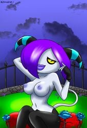 alien bedroom_eyes blue_eyes chaosknight_1 female genderswap genderswap_(mtf) hair hi_res horn humanoid lipstick makeup narrowed_eyes nipples purple_body purple_hair purple_nipples rule_63 seductive solo sonic_(series) sonic_the_hedgehog_(series) the_deadly_six zeti zor