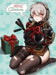 1girls angry bondage box_tie christmas epakim1 kneeling latex_suit looking_at_viewer reflective_clothing rope_bondage saruei_(vtuber) shibari_over_clothes submissive_female