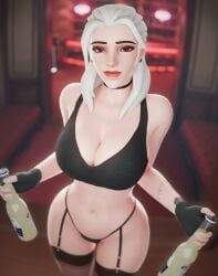 1girls 3d aphy3d ashe_(overwatch) big_breasts big_butt big_thighs cowgirl drinks female female_only lingerie looking_at_viewer overwatch solo white_hair