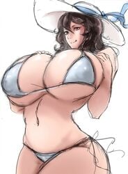 artist_request big_breasts bikini brown_eyes brown_hair curvaceous curvy curvy_figure hasshaku-sama hat huge_breasts japanese_mythology licking_lips long_hair micro_bikini milf pose posing solo_female voluptuous