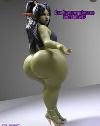 1girls 3d ass bottomless evolluisionist flat flat_chest flat_chested gigantic_ass goblin goblin_female high_heels huge_ass hyper_ass lipstick mivvi solo text thick_thighs