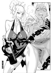 2girls angry_face apron apron_only buru excessive_pubic_hair helltaker horn judgement_(helltaker) looking_at_viewer lucifer_(helltaker) multiple_girls no_bra no_panties presenting_anus presenting_pussy pubic_hair spread_anus spread_pussy white_hair