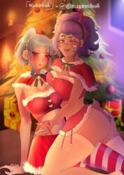 2girls brawl_stars christmas christmas_headwear christmas_outfit christmas_tree janet_(brawl_stars) popstar_janet shelly_(brawl_stars) sukunaowo