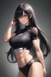 abs ai_generated black_hair fit_female looking_at_viewer medium_breasts messy_hair muscular original pink_eyes serious short_sleeves sports_bra stomach