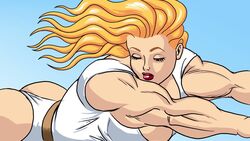 ass biceps clothed_female costume dcmatthews dyna_(dcmatthews) female_only flying huge_breasts looking_down melissa_lockhart muscular_arms muscular_female orange_hair sky solo_female strawberry_blonde_hair superheroine