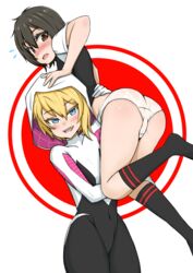 2girls ass black_hair blonde_hair blue_eyes blush brown_eyes exposed_panties eyebrows_visible_through_hair female_only fully_clothed fuwari_n gwen_stacy high_socks hood hourglass_figure legs lifting_person looking_at_viewer looking_down marvel marvel_comics oerba_yun_fang open_mouth panties peni_parker plain_background schoolgirl see-through see-through_panties skirt_removed socks spider-gwen spider-man:_into_the_spider-verse spider-man_(series) surprised teenager thick_eyelashes thick_thighs thighs white_background white_panties