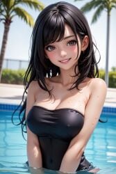 ai_generated black_hair breast cute female stable_diffusion swimming_pool swimsuit tease teasing