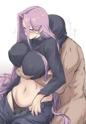 1boy 1girls arm_under_breasts background belly belly_button big_breasts blush breasts closed_mouth clothes clothes_lift color colored covered_breasts covered_head covered_nipples covered_pussy fate/grand_order fate/stay_night fate_(series) female female_focus glasses hand_on_breast hug human male male/female medusa_(fate) muscles nude nude_male nude_male_clothed_female open_eyes panties purple_eyes purple_hair pussy simple_background white_background white_body