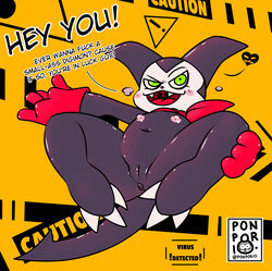 absurd_res anthro anus blush clothing dialogue digimon digimon_(species) dwarfism english_text female flat_chested functionally_nude genitals gloves green_eyes handwear hi_res impmon mostly_nude navel nipples ponporio_(artist) presenting pussy scarf solo text