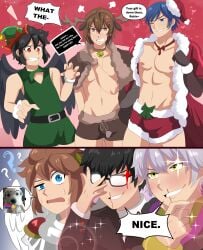 6boys ??? absurd_res anger_vein angry_face bisexual bisexual_flag bisexual_male black_hair blue_eyes blue_hair brown_hair christmas christmas_outfit chrom_(fire_emblem) confused_face confused_look confusion crossover dark_pit dialogue english_text eyebrows_raised fire_emblem fire_emblem_awakening funny glasses goro_akechi image_macro karbuitt kid_icarus kid_icarus_uprising looking_at_viewer male male_only meme_reference nintendo nose_bleed persona persona_5 pit_(kid_icarus) red_eyes ren_amamiya robin_(fire_emblem) robin_(fire_emblem)_(male) smiling smiling_at_viewer speech_bubble sweating teeth_clenched white_hair wings wink winking_at_viewer yellow_eyes